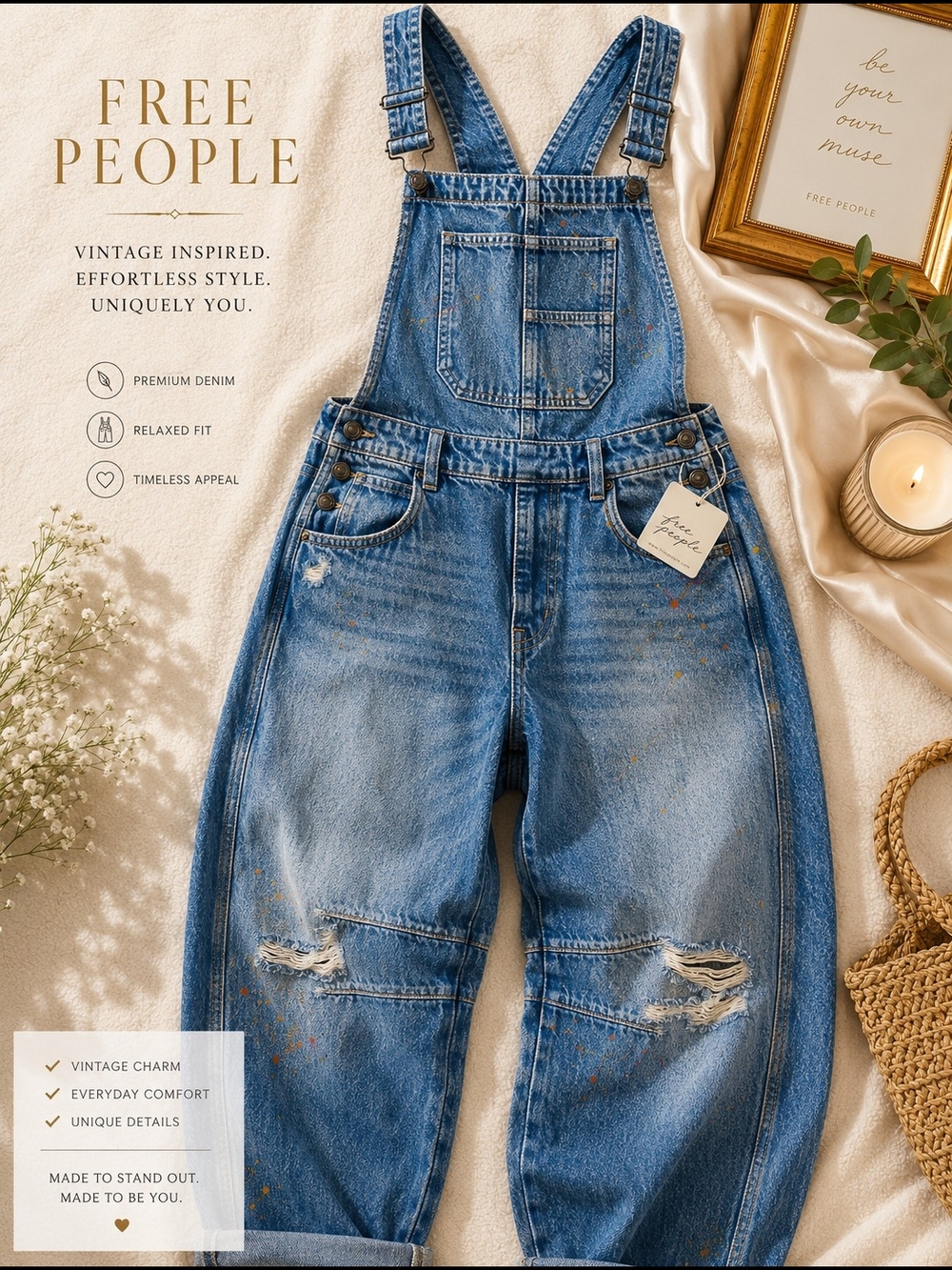 Free People Women's Blue Denim Overalls Jeans L